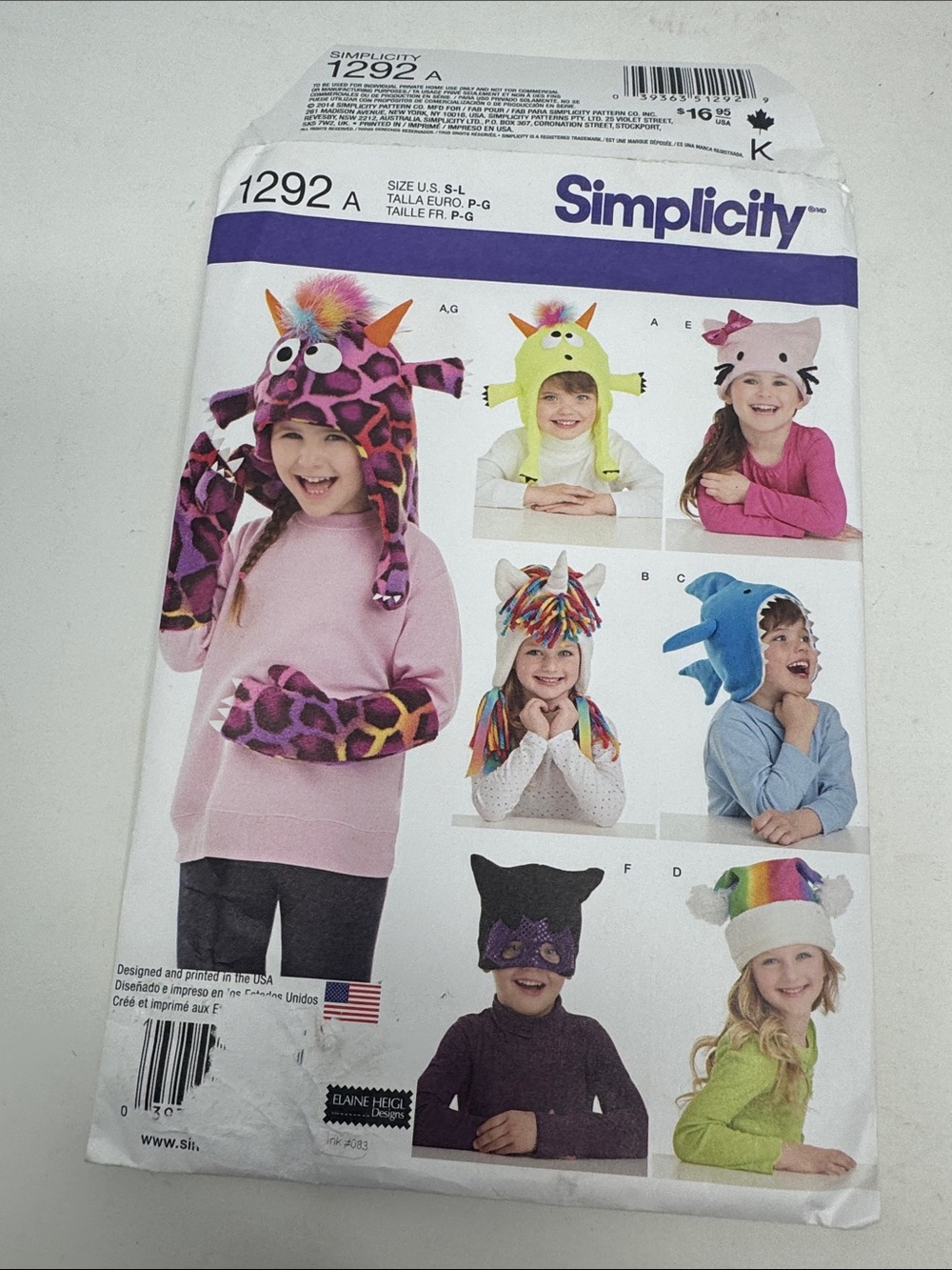 SIMPLICITY UNCUT SEWING PATTERN CHILDRENS HATS 1292 SIZE S-L SHARK UNICORN